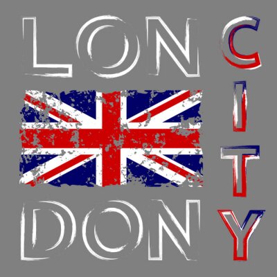 Tapete Britische Flagge T-Shirt Typografie Grafiken. Rote und weiße Design mit London, auf grauem Hintergrund isoliert. Symbol von England, Großbritannien Großbritannien. Schablonenkleid, -karte, -plakat. Ab