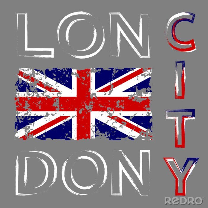 Tapete Britische Flagge T-Shirt Typografie Grafiken. Rote und weiße Design mit London, auf grauem Hintergrund isoliert. Symbol von England, Großbritannien Großbritannien. Schablonenkleid, -karte, -plakat. Ab
