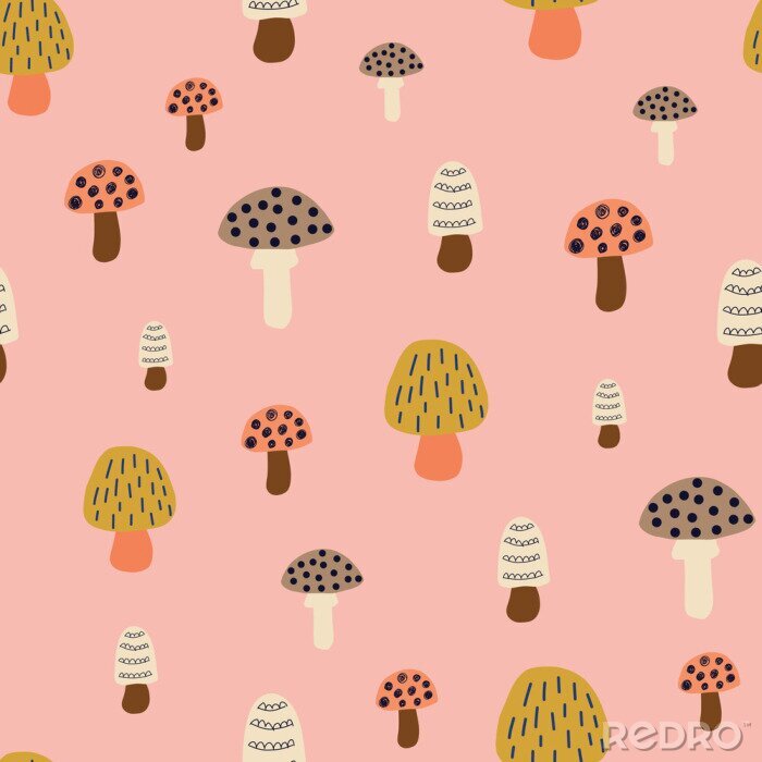 Tapete Bunt gemusterte Pilze auf rosa Hintergrund