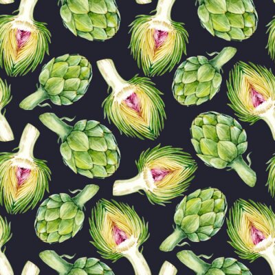 Tapete Bunte Artischocken auf schwarzem Hintergrund