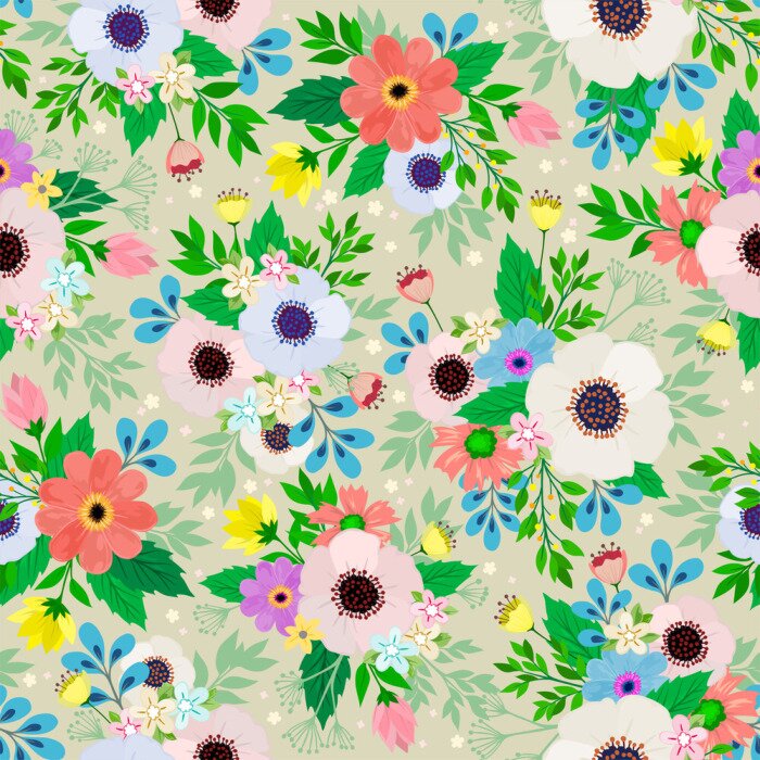 Tapete Bunte Blumen und grüne Blätter im Shabby-Chic-Stil