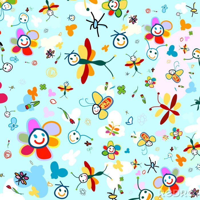 Tapete Bunte Blumen und kleine Lebewesen