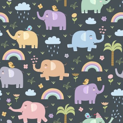 Tapete Bunte Elefanten, Blumen, Regenbögen und Wolken