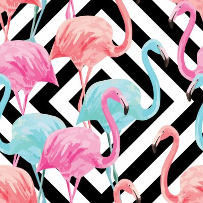 Tapete Bunte Flamingos gegen mit Geometrie im Hintergrund