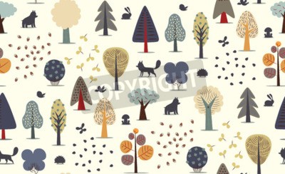 Tapete Bunte grafische Bäume und Haustiere