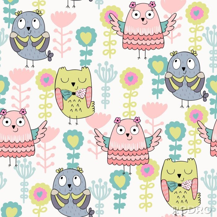 Tapete Bunte grafische Eulen und Blümchen
