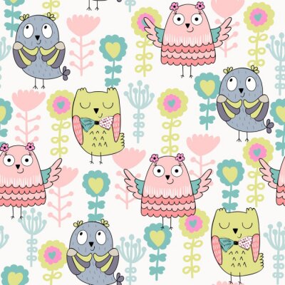 Tapete Bunte grafische Eulen und Blümchen