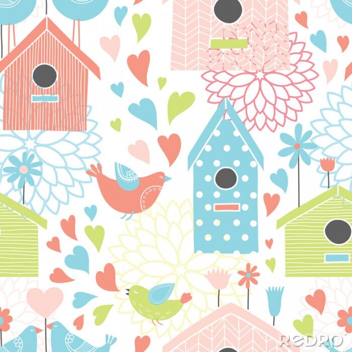 Tapete Bunte Häuschen kleine Vögel und Herzchen