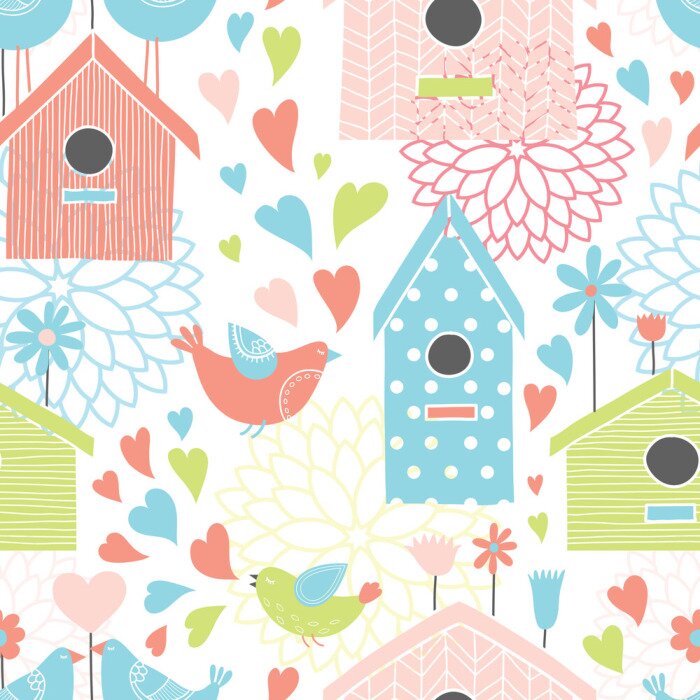 Tapete Bunte Häuschen kleine Vögel und Herzchen
