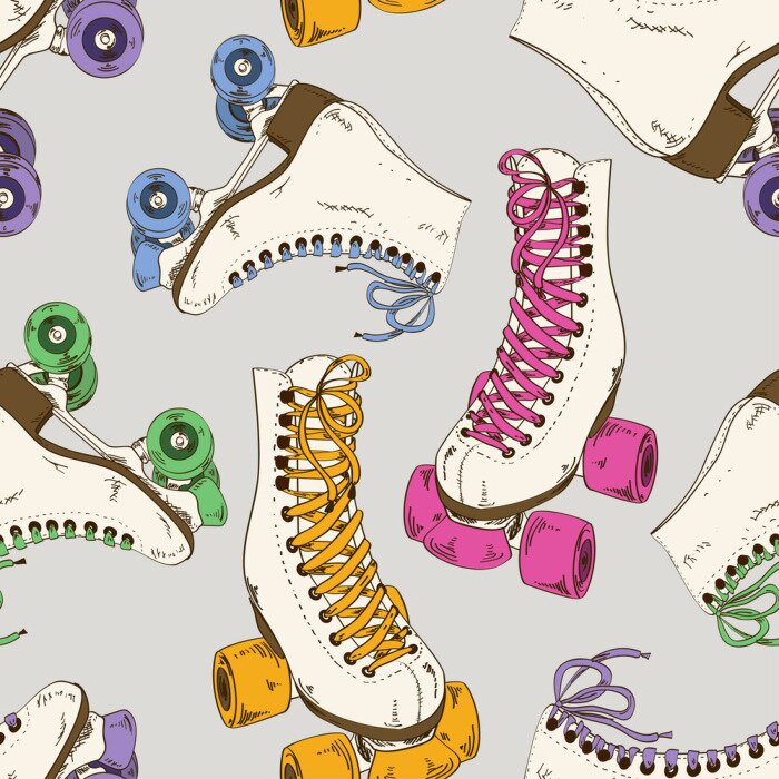 Tapete Bunte Inline-Skates im Retro-Stil auf grauem Hintergrund