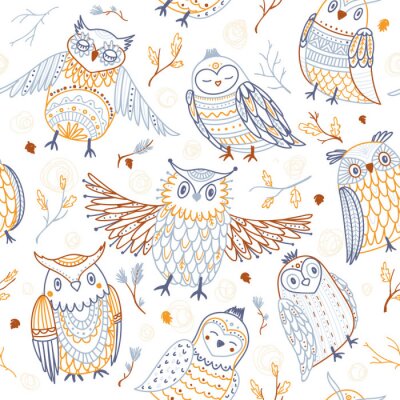 Tapete Bunte jungenhafte Eulen auf weißem Hintergrund