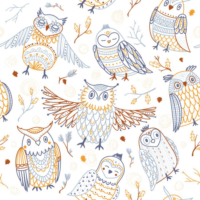 Tapete Bunte jungenhafte Eulen auf weißem Hintergrund