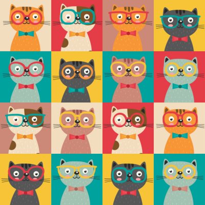 Tapete Bunte Katzen mit Brille und Fliege