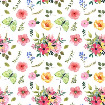 Tapete Bunte kleine Blumen und Schmetterlinge im Shabby-Chic-Stil