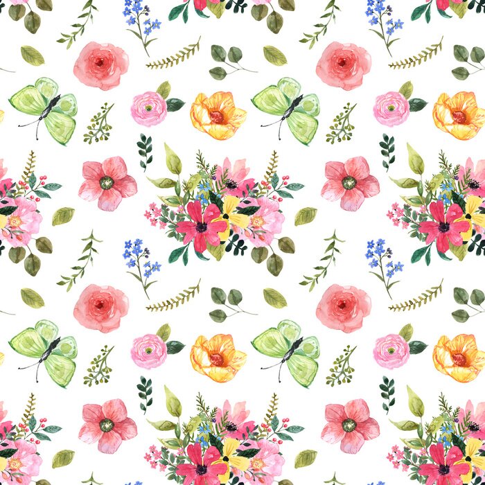 Tapete Bunte kleine Blumen und Schmetterlinge im Shabby-Chic-Stil