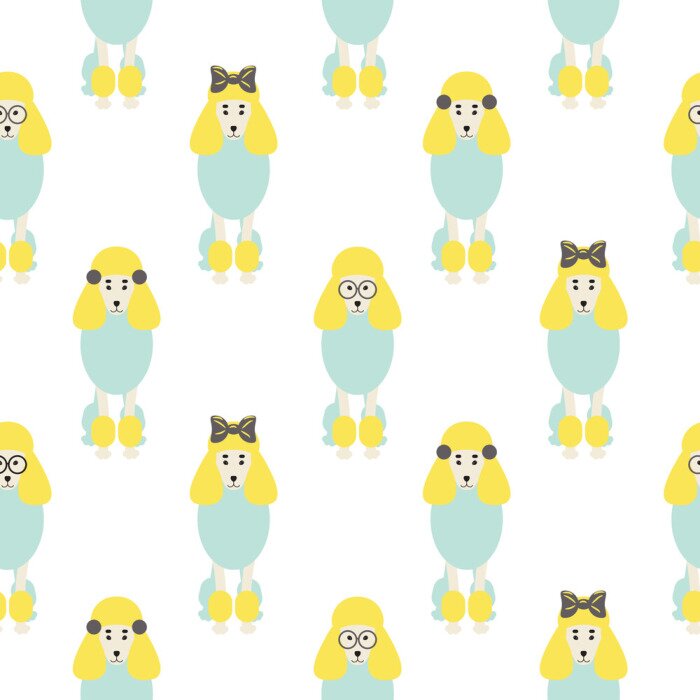 Tapete Bunte Pudel mit Schleifen und Brille