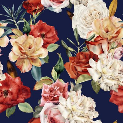 Tapete Bunte Rosen auf dunkelblauem Hintergrund Grafik