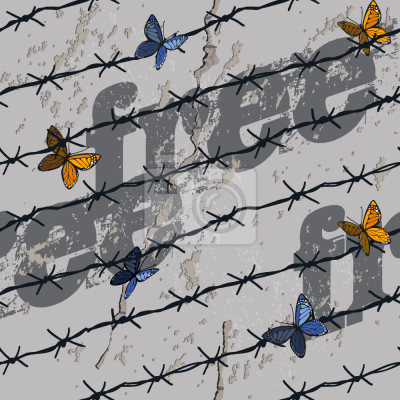 Tapete Bunte Schmetterlinge auf einem Drahtzaun