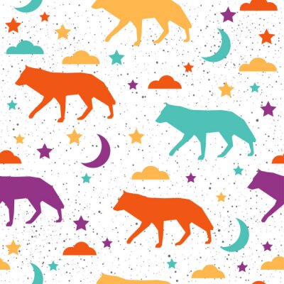 Tapete Bunte Silhouetten von Wölfen mit Sternen und Wolken