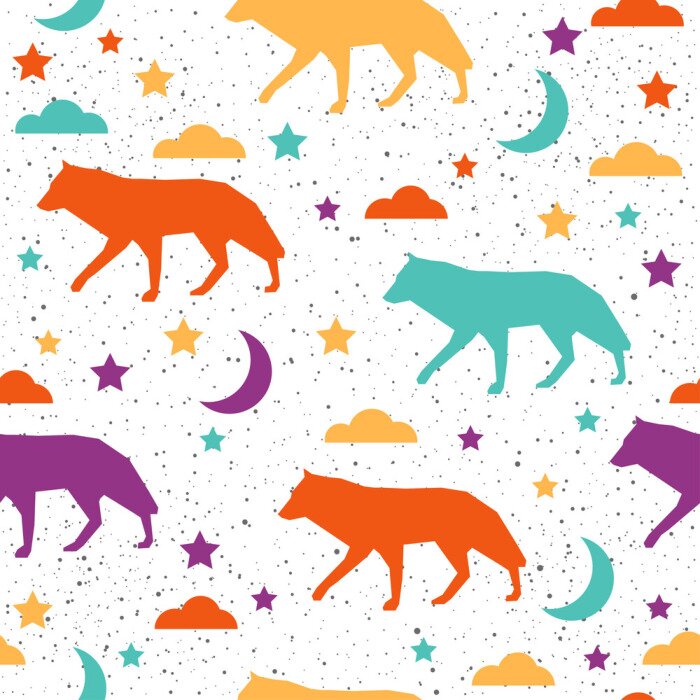 Tapete Bunte Silhouetten von Wölfen mit Sternen und Wolken