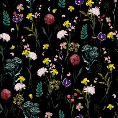 Tapete Bunte Wildblumen auf schwarzem Hintergrund