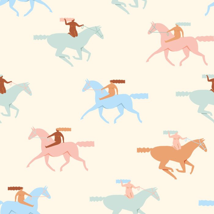 Tapete Buntes Friesenpferd mit einem Mädchen