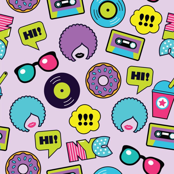 Tapete buntes Pop-Art nahtloses amerikanisches Muster mit Aufnähern und Aufklebern