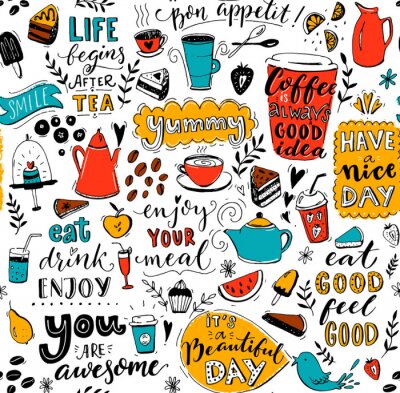 Tapete Cafe-Muster mit Doodle-Tee-Töpfe, Tassen, inspirierende Zitate und Desserts. Kaffee ist immer eine gute Idee. Gut essen, gut fühlen Guten Appetit. Nahtlose Textur für Menü-Design.