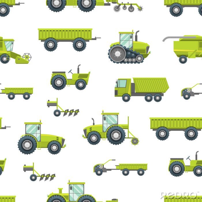 Tapete Cartoon Agricultural Vehicles Seamless Pattern Background. Vector