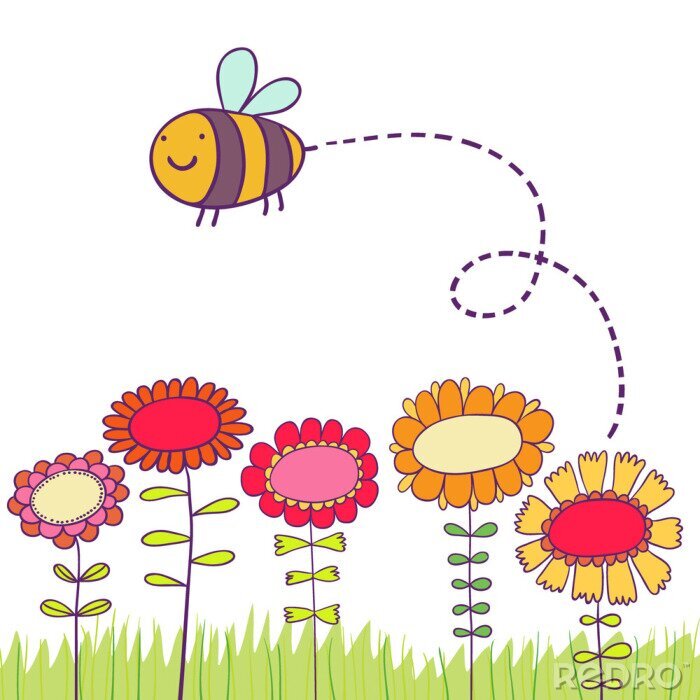 Tapete Cartoon Biene fliegt über Blumen