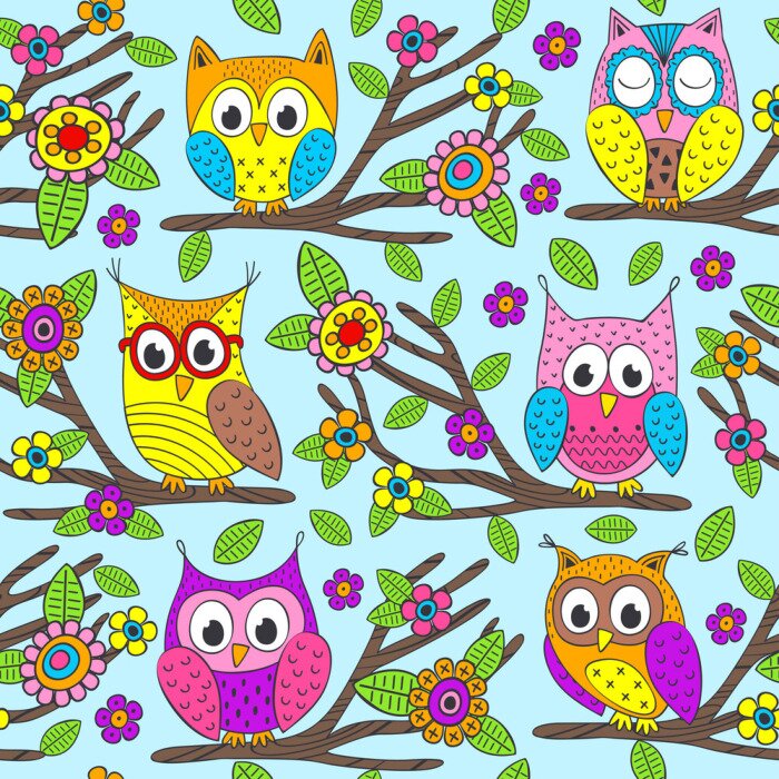 Tapete Cartoon bunte Baby-Eulen