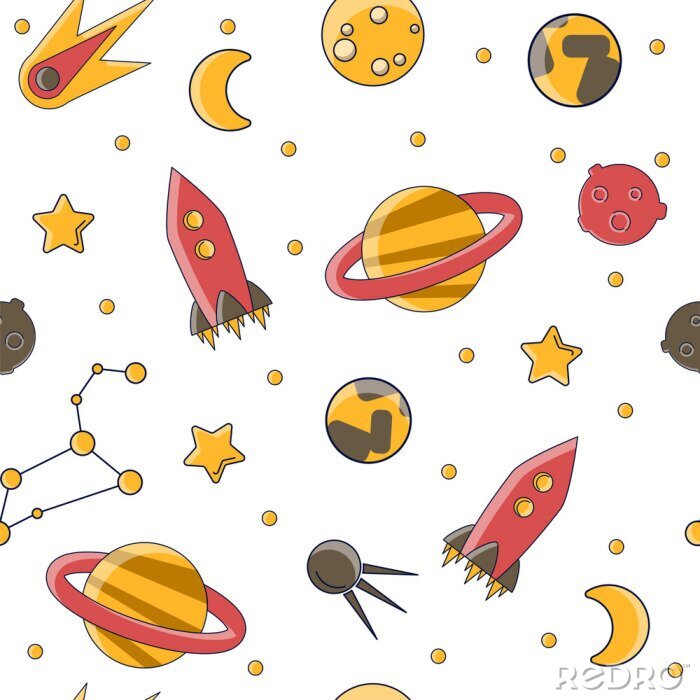 Tapete Cartoon flat kids space and cosmos science seamless pattern. Planet, rockets, stars and other space elements in simple cute vector background for children. Kids science and curiosity ideas on space