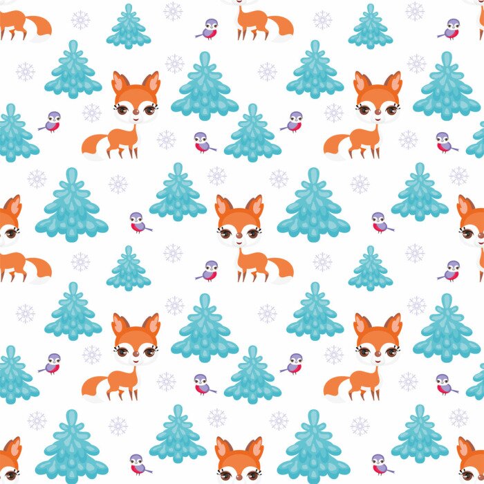 Tapete Cartoon Füchse Vögel und Tannenbäume