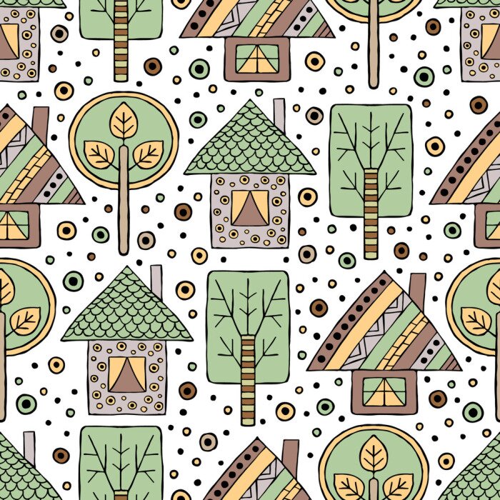 Tapete Cartoon-Häuser im Wald