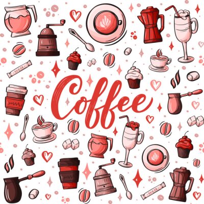 Tapete Cartoon hand-drawn doodles on the subject of cafe, coffee shop theme seamless pattern. Colorful detailed, with lots of objects vector background. Sketch elements for you design