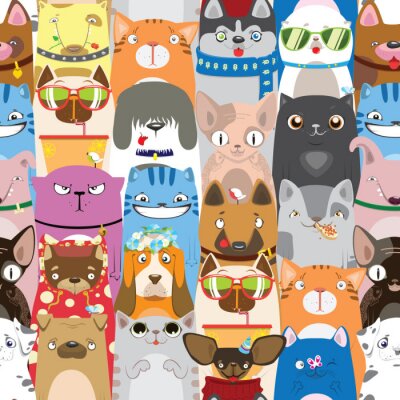 Tapete Cartoon Hunde und Katzen auf buntem Hintergrund