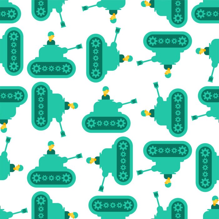 Tapete Cartoon Panzer und Soldat Muster nahtlos. Hintergrund eines Kindersoldaten. Vektor-Textur. Waffenangriff Ornament