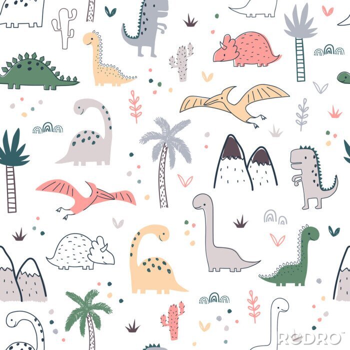 Tapete Cartoon seamless pattern with dinosaurs and palm trees