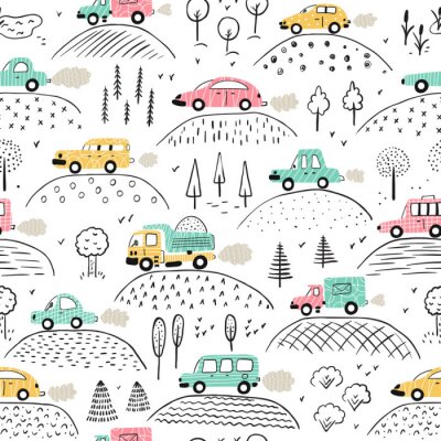 Cartoon Transportation Background for Kids. Vector Seamless Pattern with doodle Toy Cars and Nature with Hills and Trees