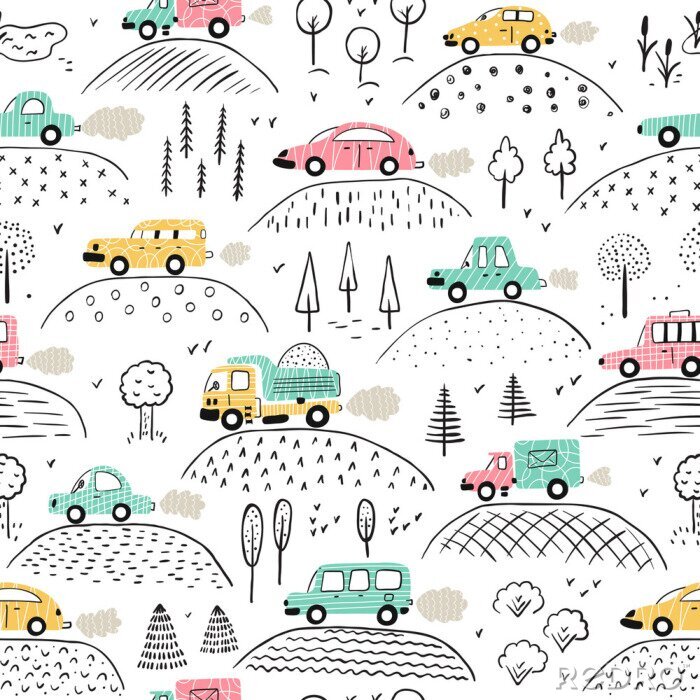 Tapete Cartoon Transportation Background for Kids. Vector Seamless Pattern with doodle Toy Cars and Nature with Hills and Trees