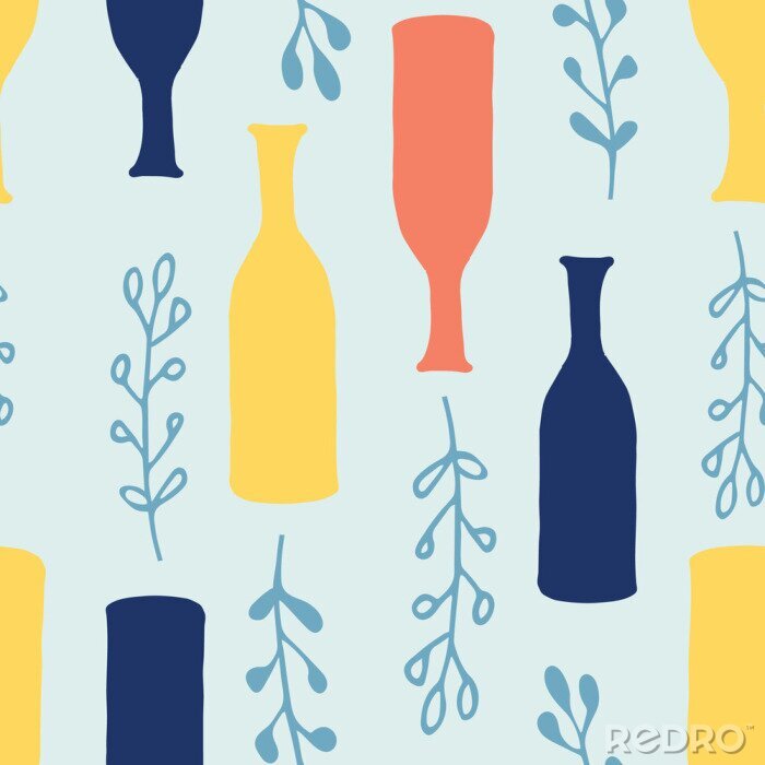 Tapete Cartoon vases, ferns seamless  pattern in pale turquoise with vibrant yellow, navy blue and coral. Great for gift wrapping paper, textiles and home decor. Spring and summer, fresh and natural.