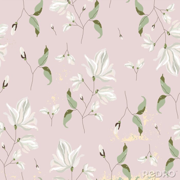 Tapete chic magnolia floral pattern on blush pink background 