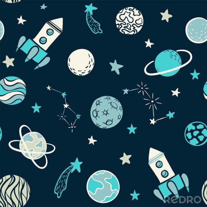 Tapete Childish seamless pattern. hand drawn space elements space, rocket, star, planet, space probe. Trendy kids vector illustration for wrapping, poster, web design, kids fabric, textile, nursery .