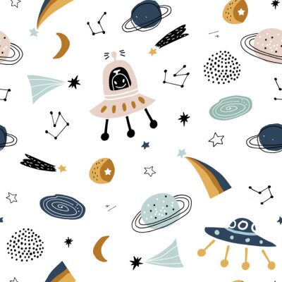 Tapete Childish seamless pattern with aliens, ufo in cosmos. Trendy scandinavian vector background. Perfect for kids apparel,fabric, textile, nursery decoration,wrapping paper