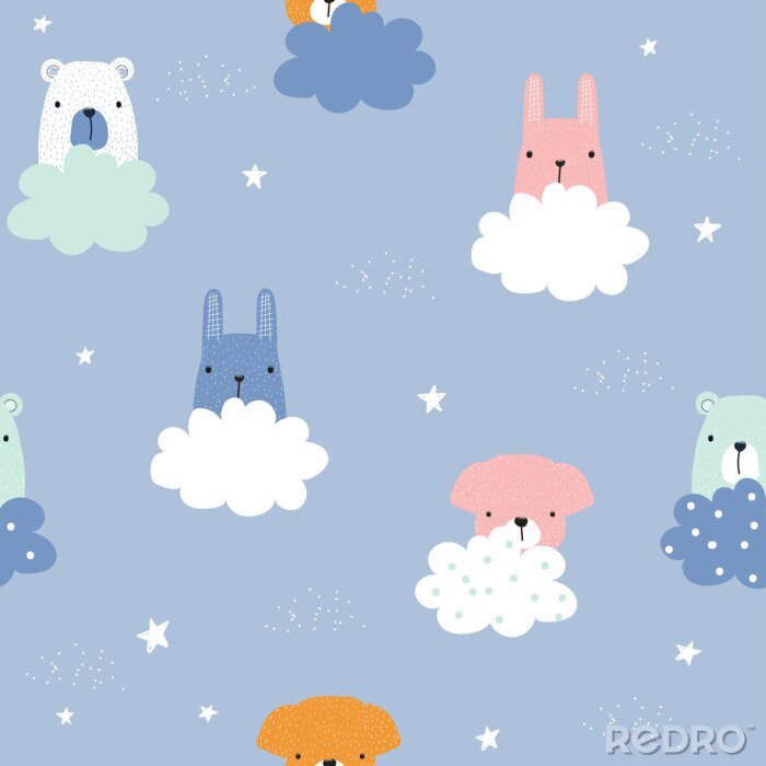 Tapete Childish seamless pattern with cute animals and clouds. Vector hand drawn illustration.