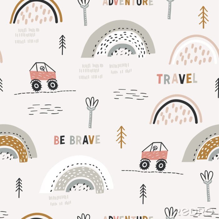 Tapete Childish seamless pattern with doodle buggy car and hilly terrain. Background with abstract rainbows. Creative childish texture for fabric, wrapping, textile, wallpaper, apparel. Vector illustration.
