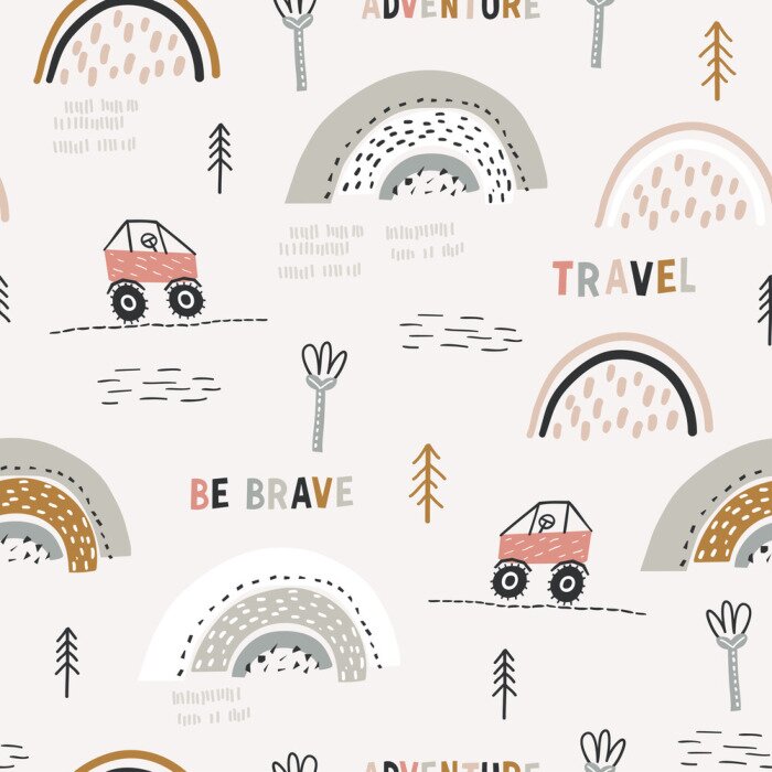 Tapete Childish seamless pattern with doodle buggy car and hilly terrain. Background with abstract rainbows. Creative childish texture for fabric, wrapping, textile, wallpaper, apparel. Vector illustration.