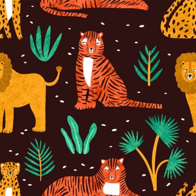 Childish seamless pattern with funny lions, tigers, leopards and leaves of tropical plants on dark background. Backdrop with cute wild exotic predators. Colorful vector illustration in flat style.