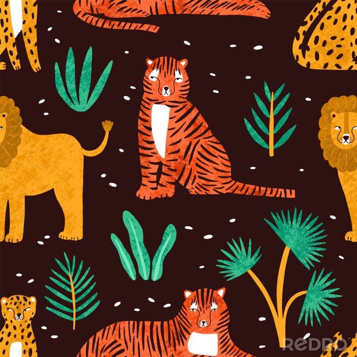 Tapete Childish seamless pattern with funny lions, tigers, leopards and leaves of tropical plants on dark background. Backdrop with cute wild exotic predators. Colorful vector illustration in flat style.