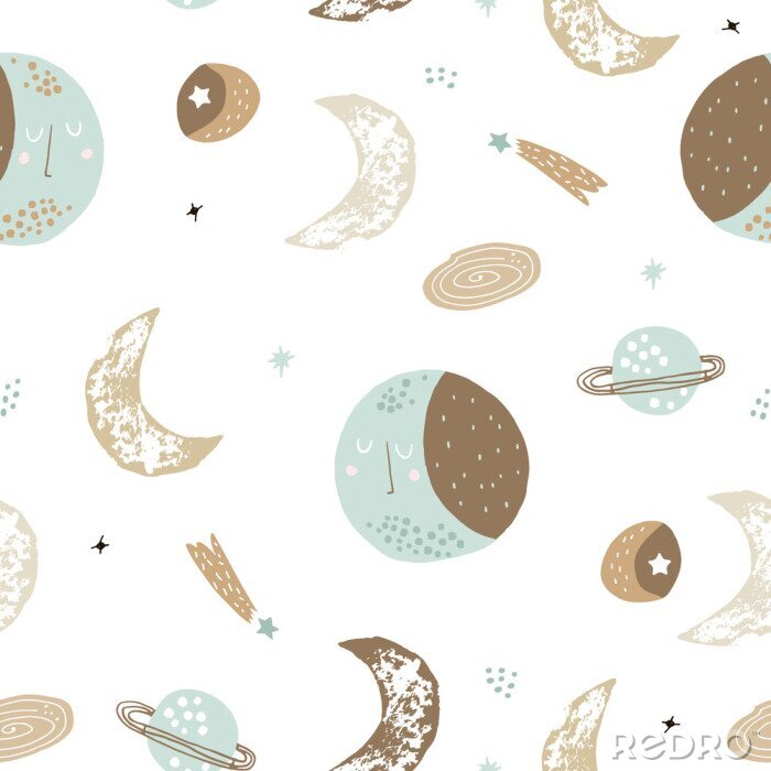 Tapete Childish seamless pattern with hand drawn space elements space, moon, star, planet, galaxy. Trendy kids vector background.